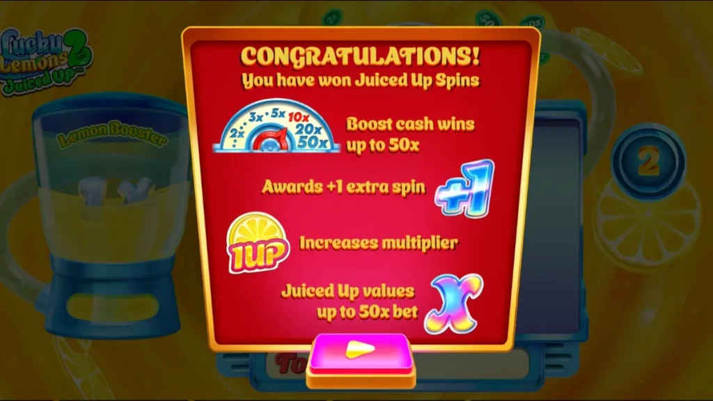 Tampilan visual slot Lucky Lemons 2 Juiced Up dengan simbol buah-buahan cerah