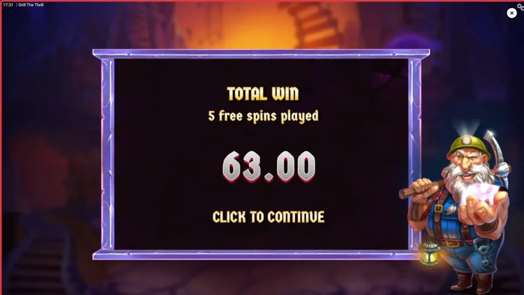 Tampilan visual slot Drill the Thrill dengan latar belakang tambang dan mesin bor