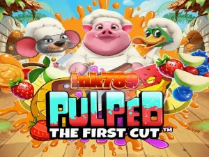 Tampilan visual cerah dan penuh warna dari slot Pulped: The First Cut dengan karakter koki hewan.
